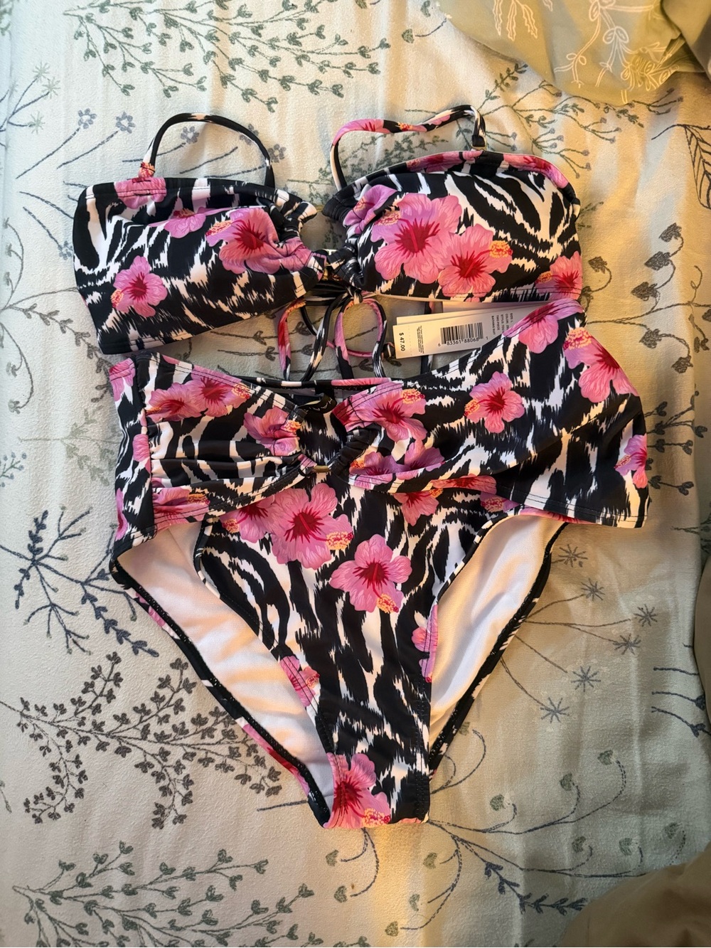 Tahari Black & Pink Floral Zebra-Print Bikini Set